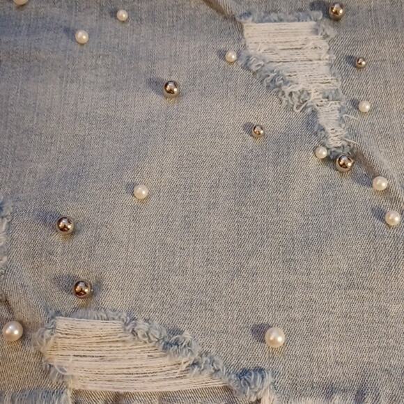 Dollhouse Denim Distress Jeans Skirt With Silver & Pearly Beads. Size 20 - Picture 3 of 16